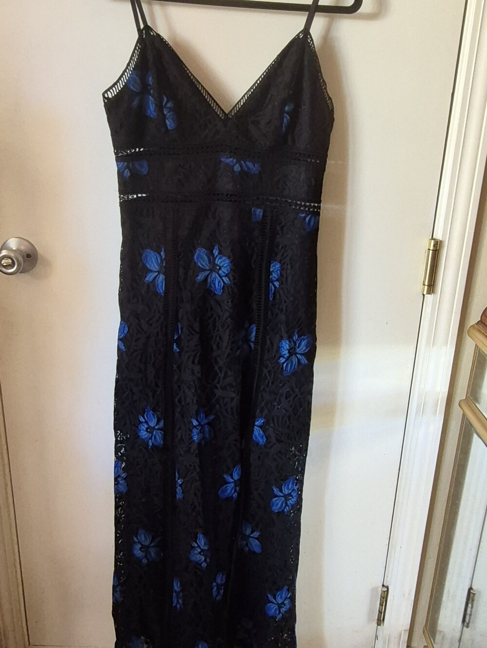 bebe Black Lace Embroidered Blue Floral Maxi Dress V-Neck